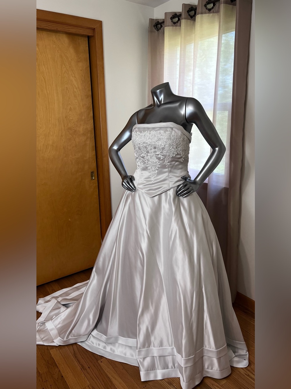 Silver satin 2piece corset wedding gown.